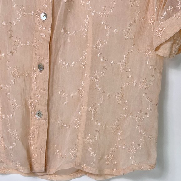 2 Of Us NYC VTG Peach Orange Sheer Floral Embroidered Button Short Sleeve Top L - Picture 7 of 9